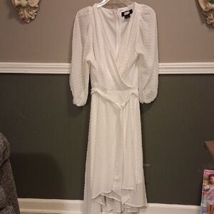 DKNY Elegant White Swiss Dot Wrap Dress